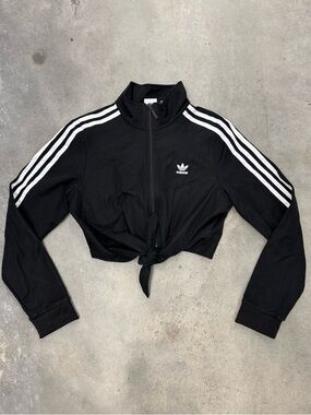 Adidas Cropped Track Jacket Tie Front Black Size Medium
